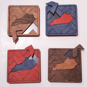 Set of 4 Wodden Puzzle Kentucky State Drink Coasters Red Blue